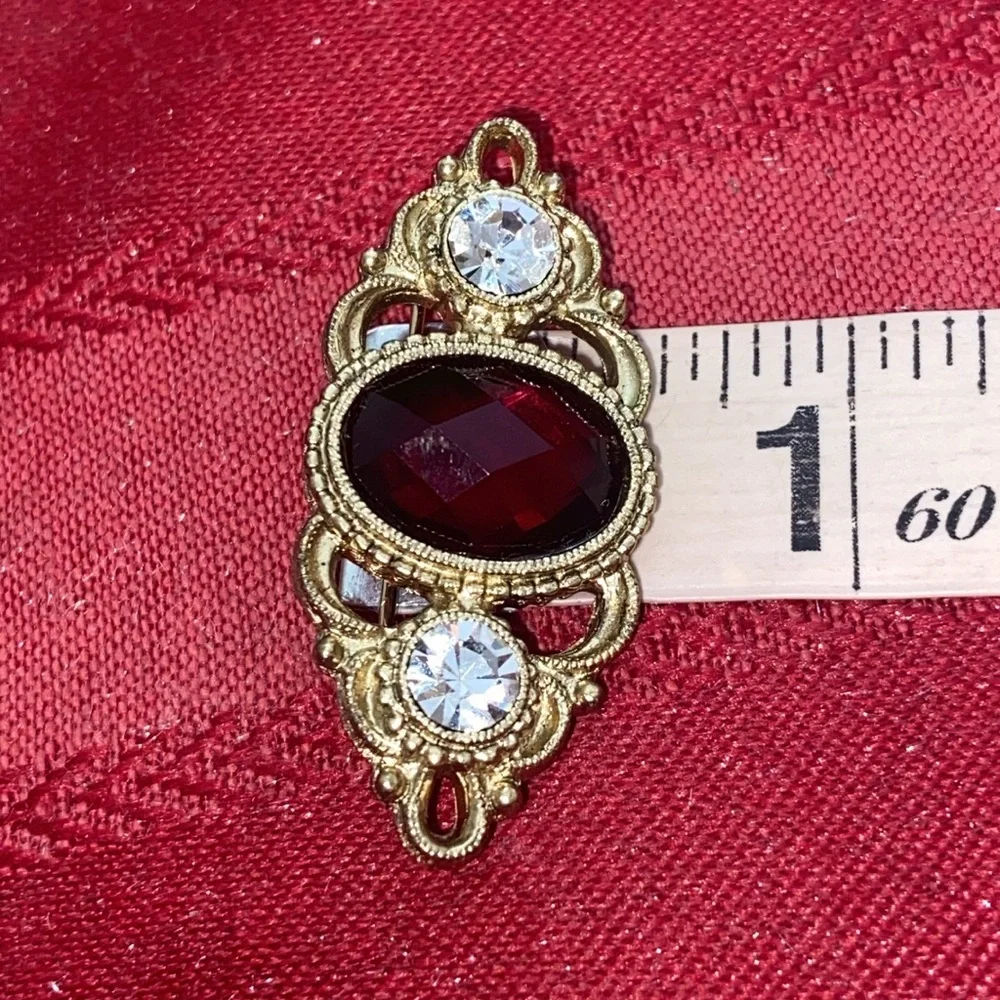 Vintage 80s 1928 Brand Victorian Revival Red & Clear Rhinestones Bar Broach
